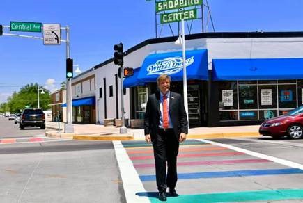 Mayor Tim Keller Unveils New Rainbow Crosswalks ahead of ABQ PrideFest in 2019. (Photo courtesy City of Albuquerque)